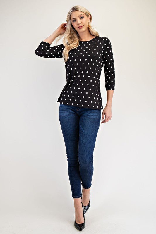 CELESTE - Black Polka Dot Three - Quarter Sleeve T-Shirt