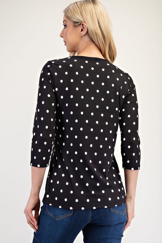 CELESTE - Black Polka Dot Three - Quarter Sleeve T-Shirt