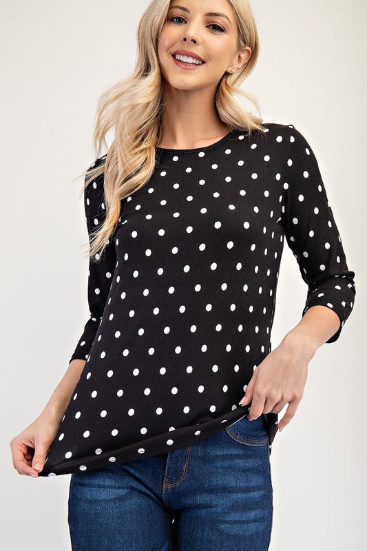 CELESTE - Black Polka Dot Three - Quarter Sleeve T-Shirt