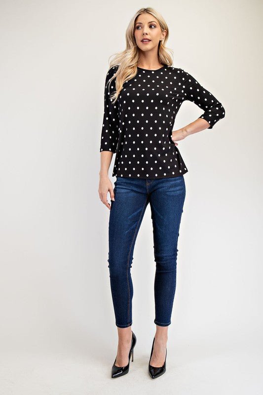 CELESTE - Black Polka Dot Three - Quarter Sleeve T-Shirt