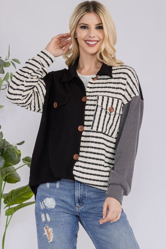 CELESTE - Black Striped Button Up Shacket