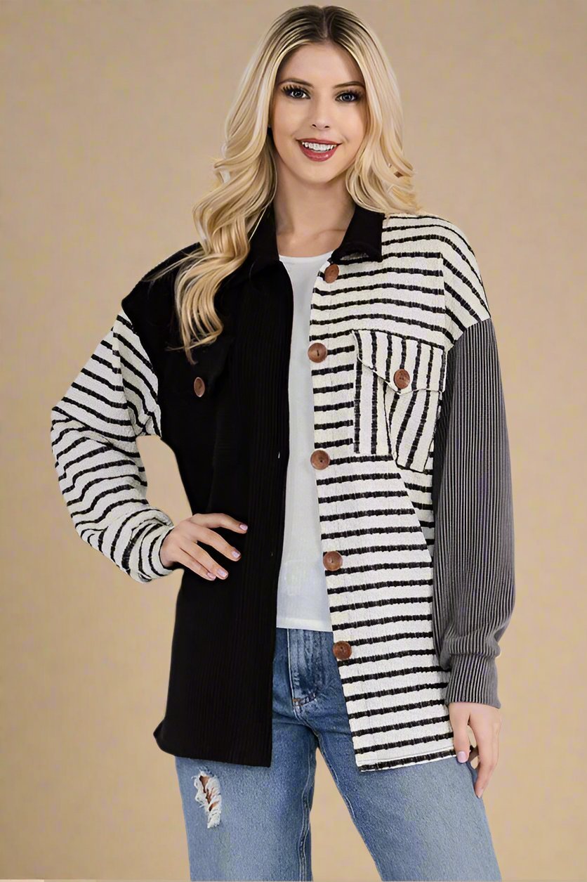 CELESTE - Black Striped Button Up Shacket