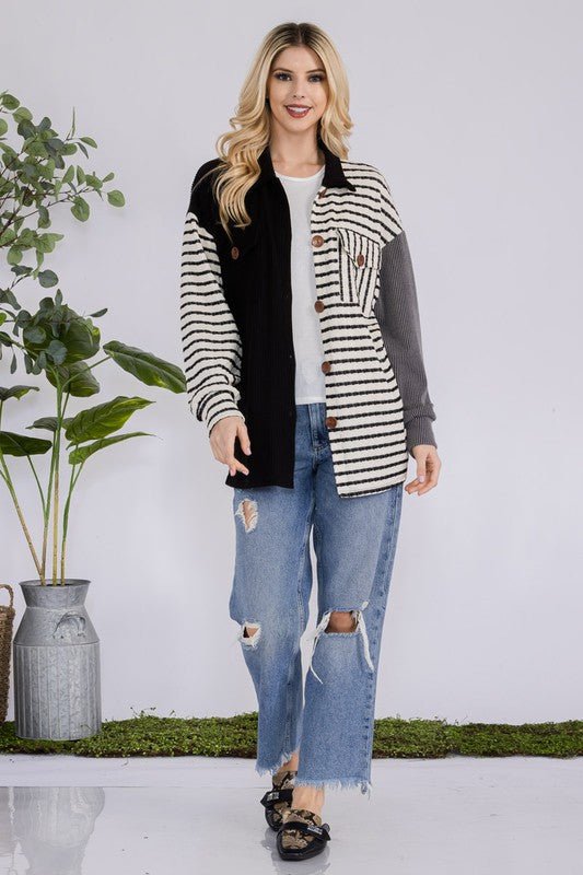 CELESTE - Black Striped Button Up Shacket