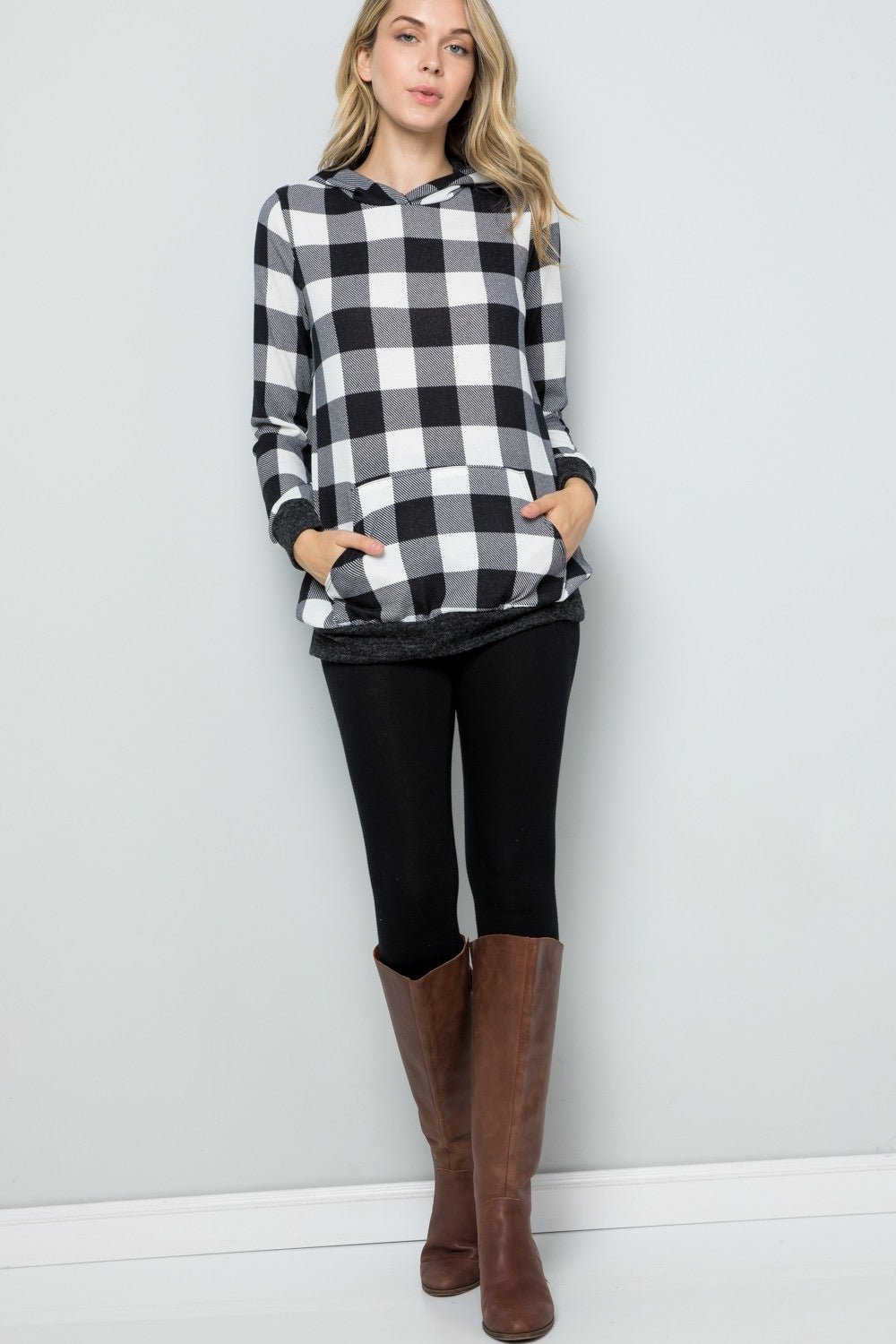 CELESTE - Black & White Plaid Long Sleeve Hoodie