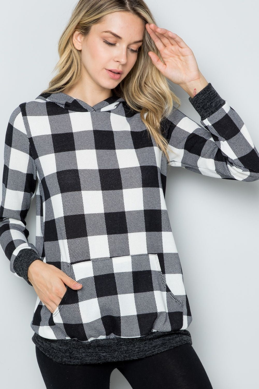 CELESTE - Black & White Plaid Long Sleeve Hoodie