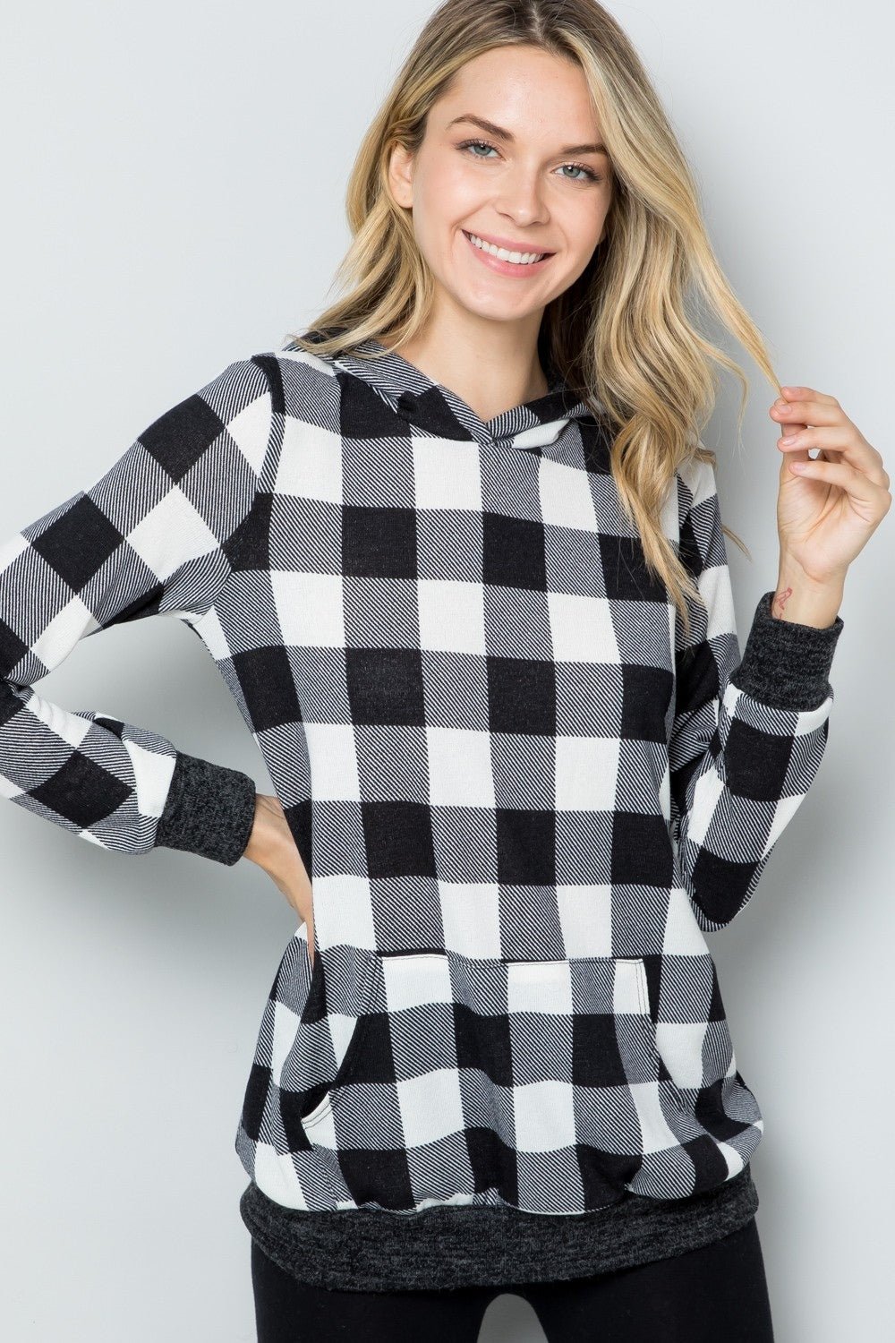 CELESTE - Black & White Plaid Long Sleeve Hoodie