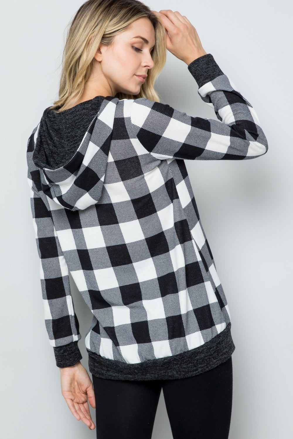 CELESTE - Black & White Plaid Long Sleeve Hoodie