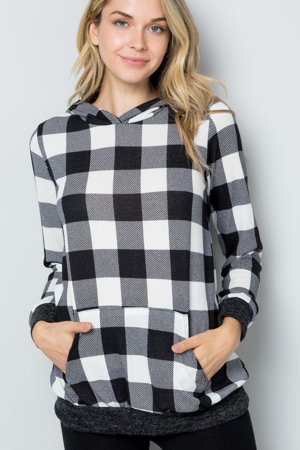 CELESTE - Black & White Plaid Long Sleeve Hoodie