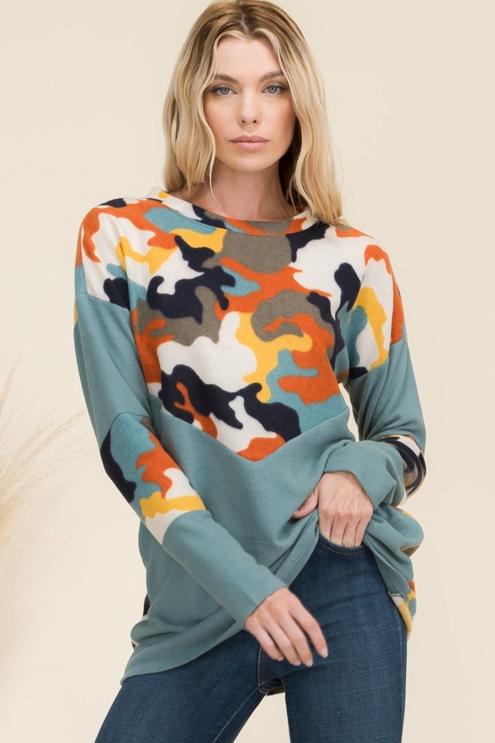 CELESTE - Camo Print Contrast Long Sleeve T-Shirt in Teal