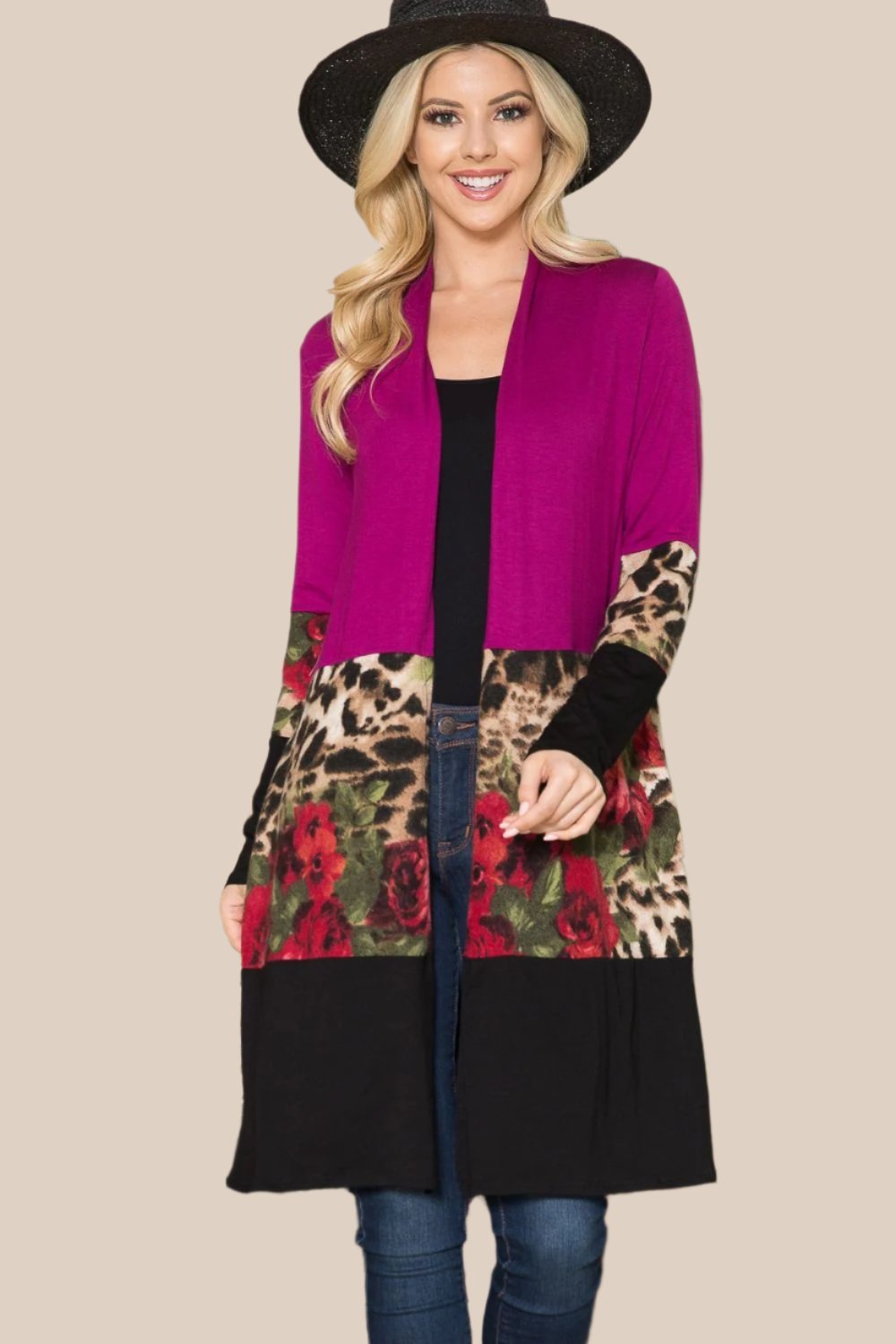 CELESTE - Color Block Open Front Cardigan in Magenta