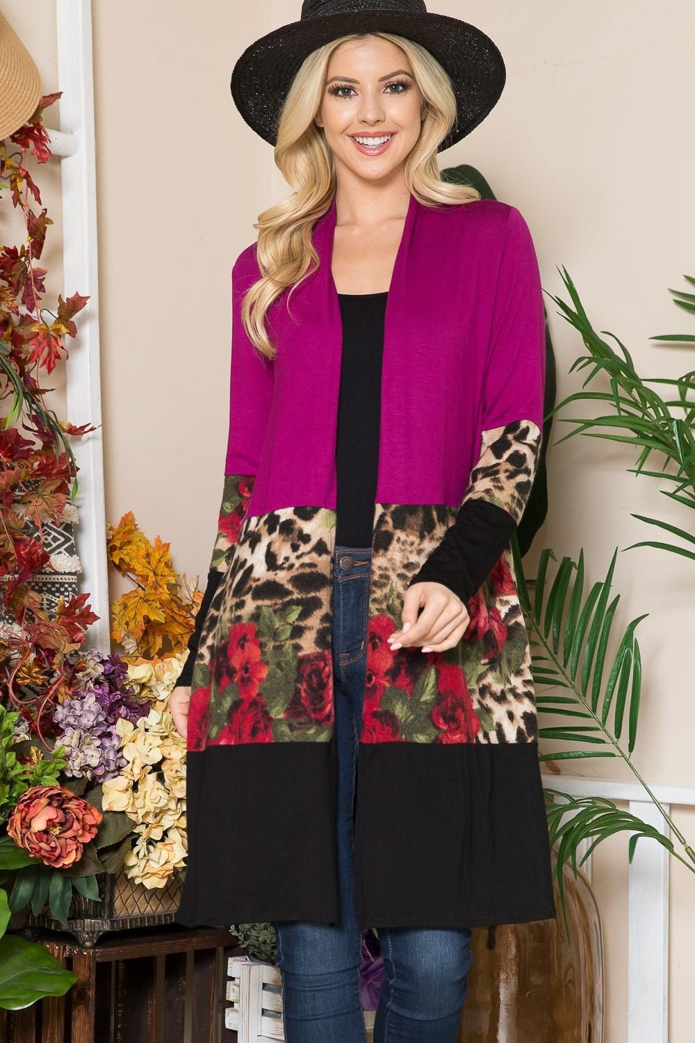 CELESTE - Color Block Open Front Cardigan in Magenta