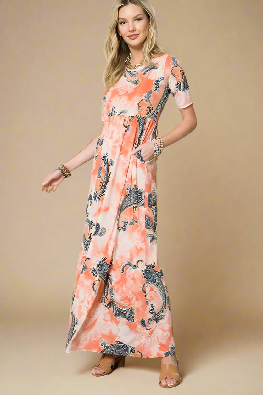 CELESTE - Coral Paisley Maxi Dress