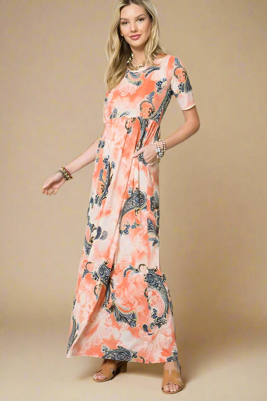 CELESTE - Coral Paisley Maxi Dress