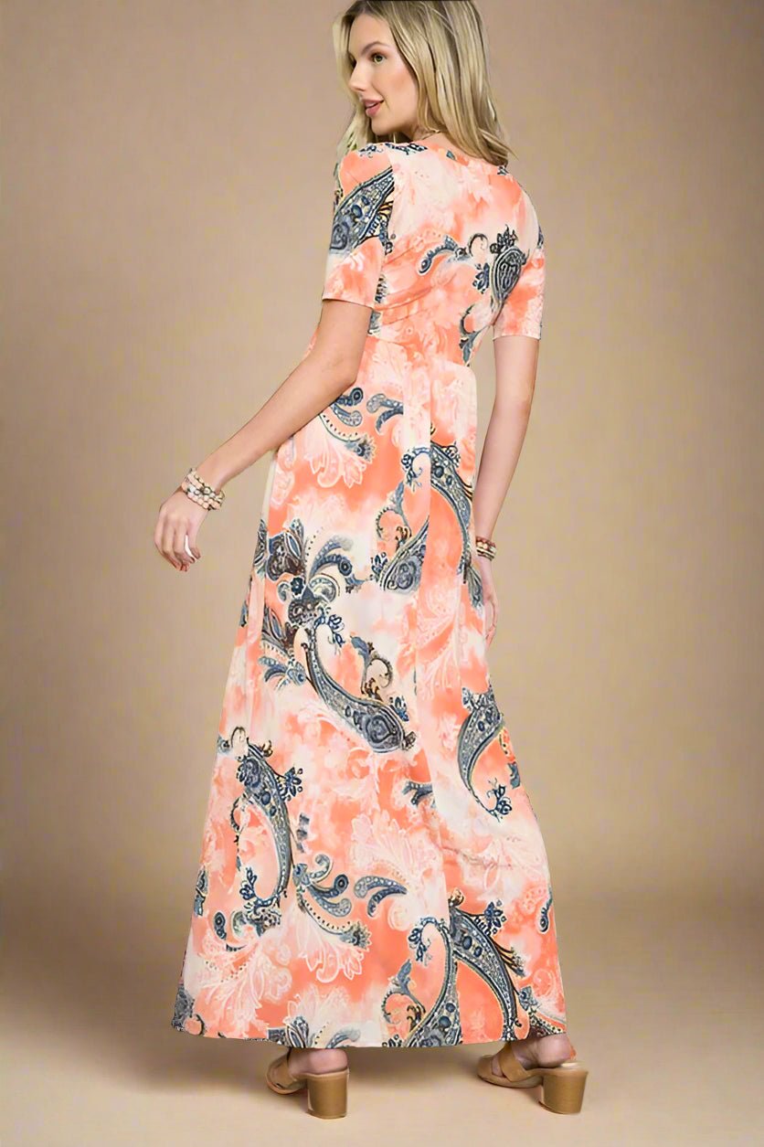 CELESTE - Coral Paisley Maxi Dress