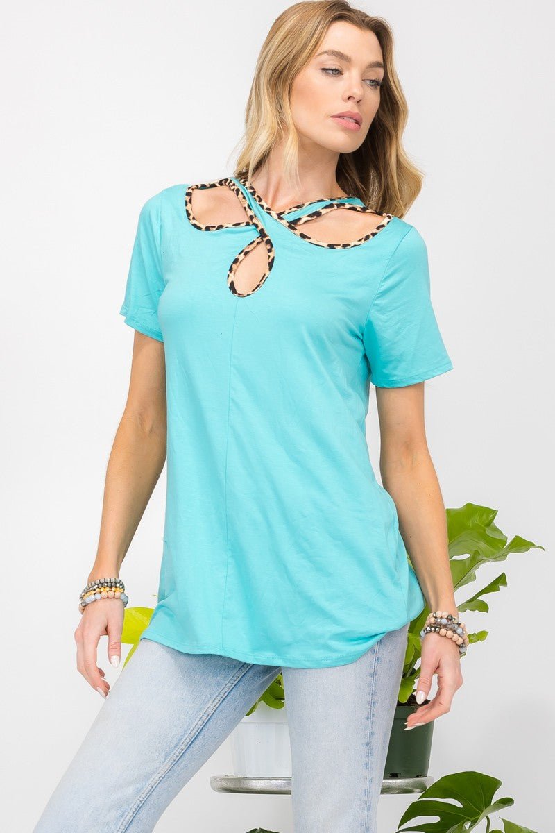 Celeste DesignCrisscross Cutout Leopard Contrast Trim T - Shirt in Mint