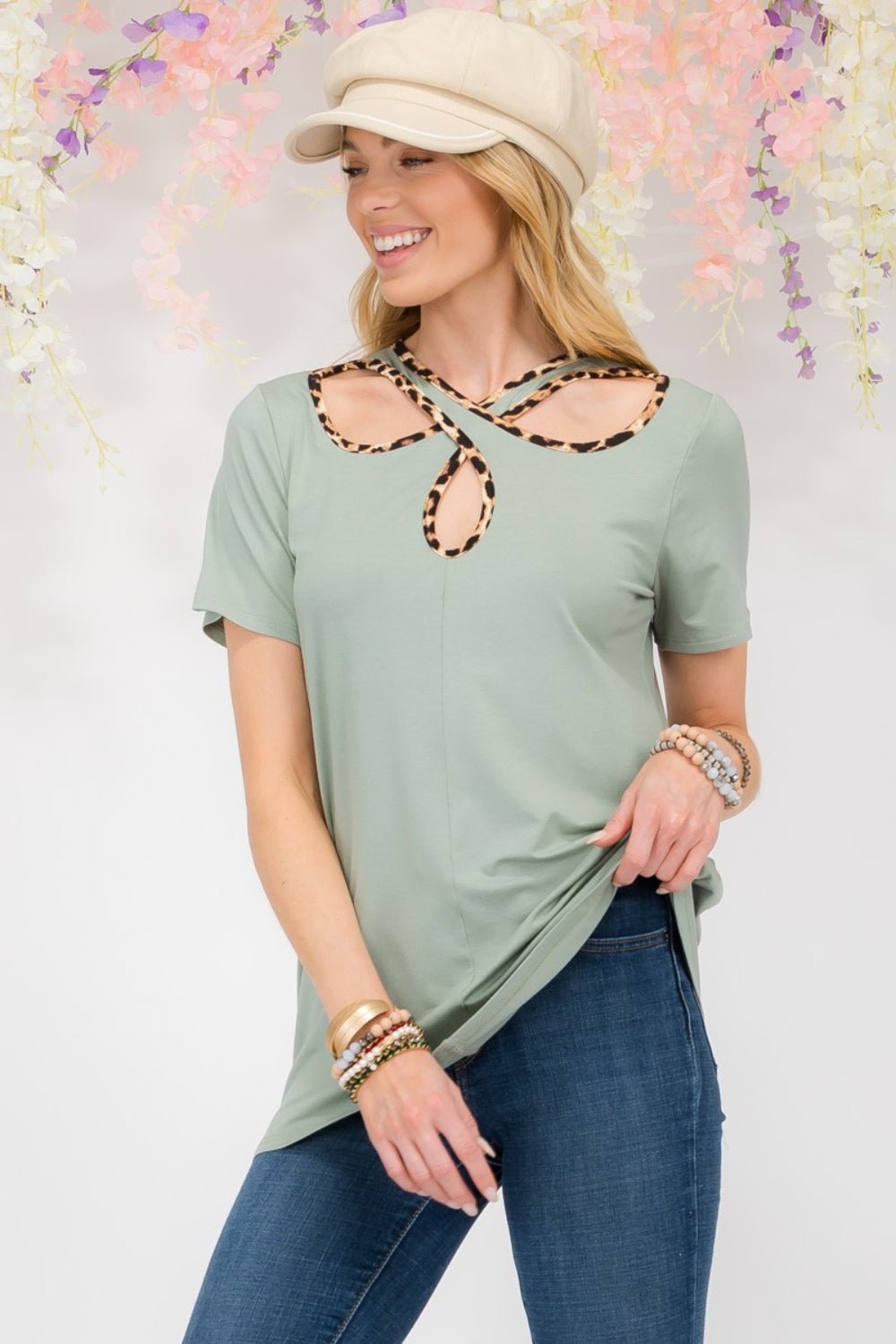 Celeste DesignCrisscross Cutout Leopard Contrast Trim T - Shirt in Sage