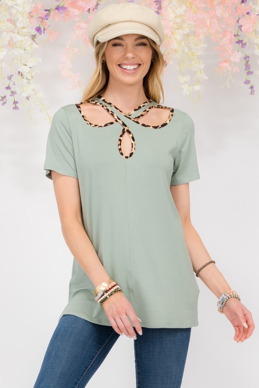 Celeste DesignCrisscross Cutout Leopard Contrast Trim T - Shirt in Sage