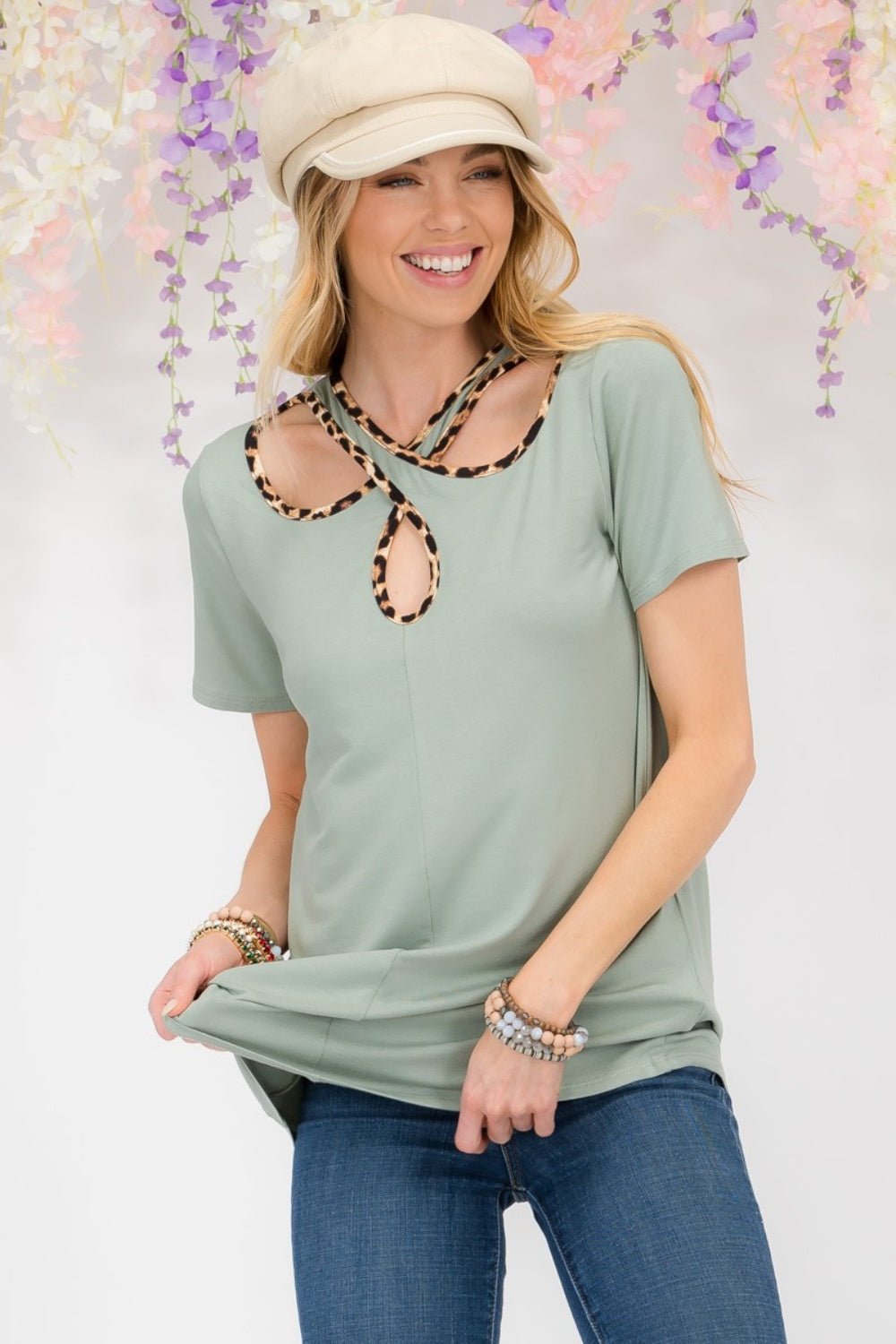 Celeste DesignCrisscross Cutout Leopard Contrast Trim T - Shirt in Sage