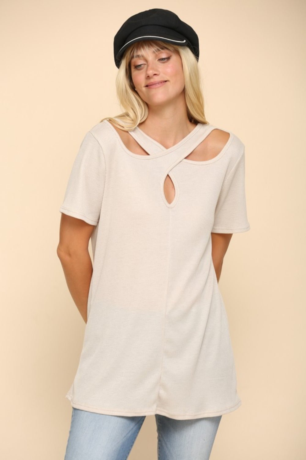 Celeste DesignCrisscross Cutout Short Sleeve T - Shirt in Beige