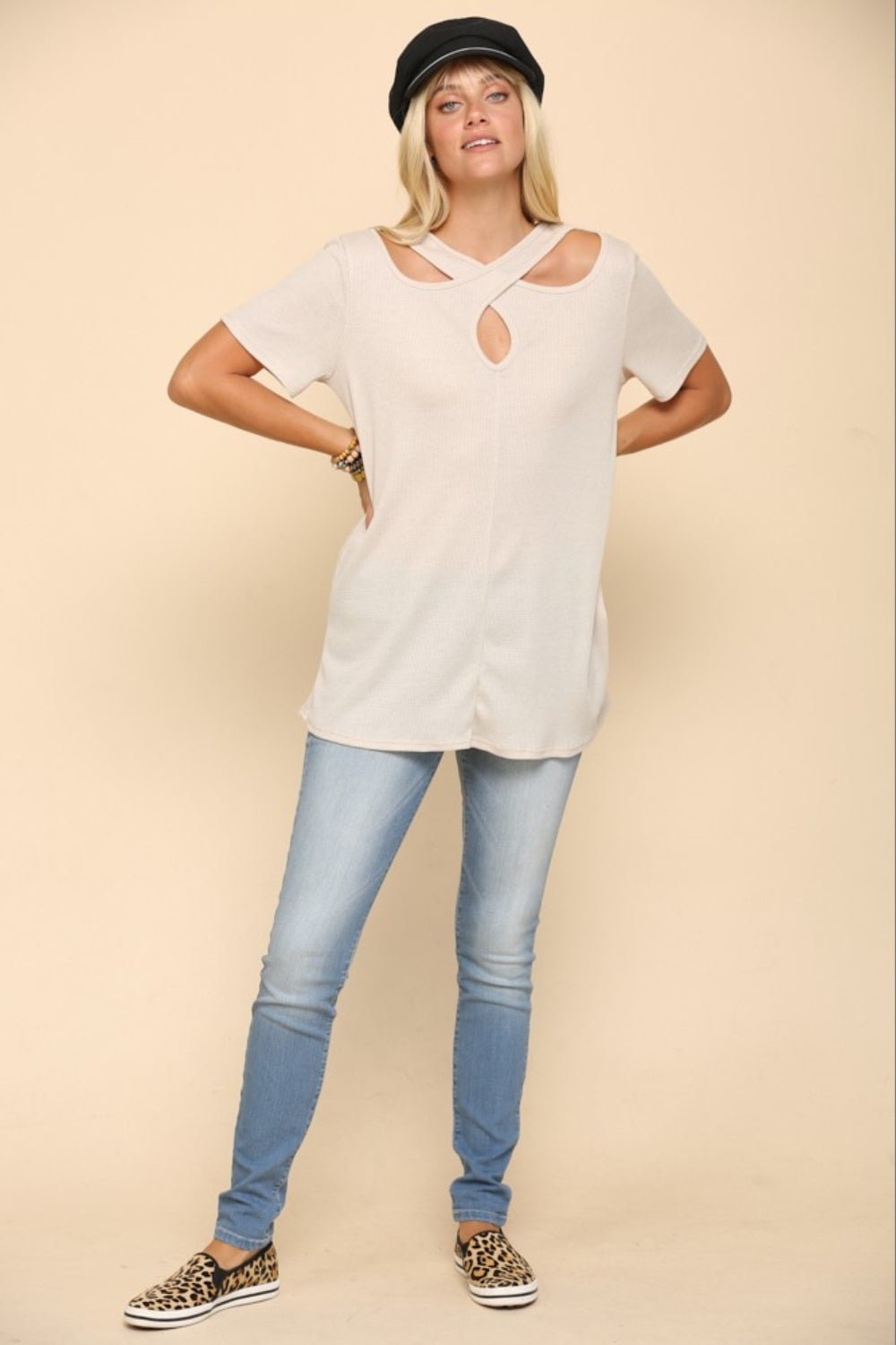 Celeste DesignCrisscross Cutout Short Sleeve T - Shirt in Beige