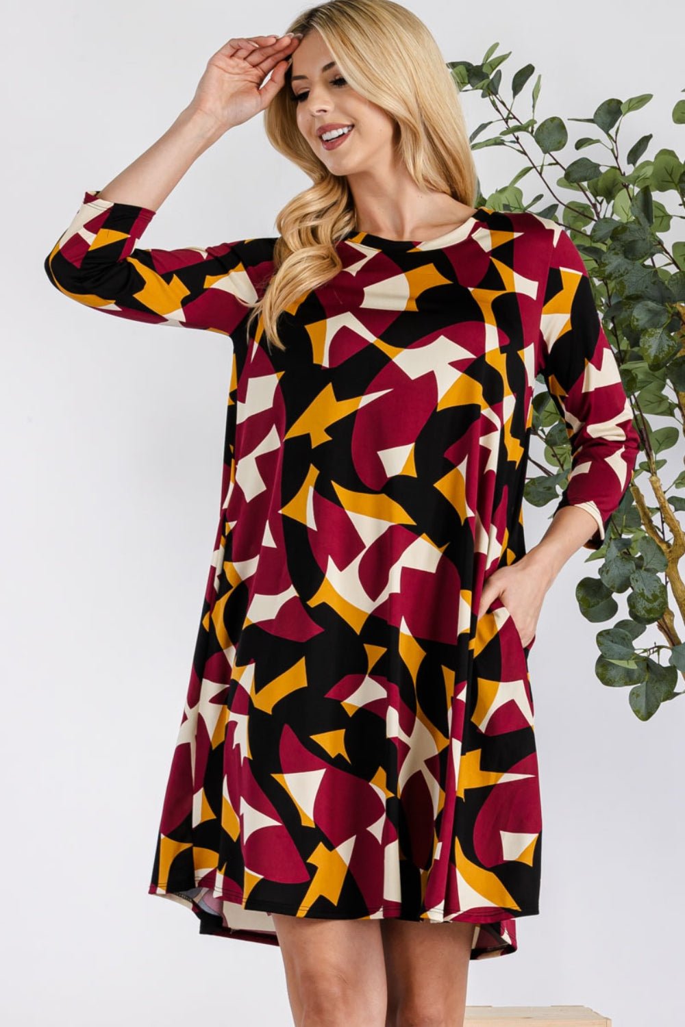 Celeste DesignGeometric Print Mini Dress with Pockets in Burgundy