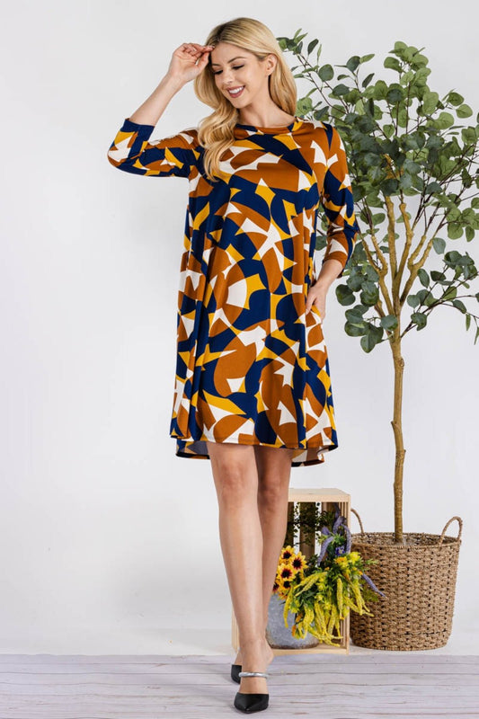 Celeste DesignGeometric Print Mini Dress with Pockets in Navy