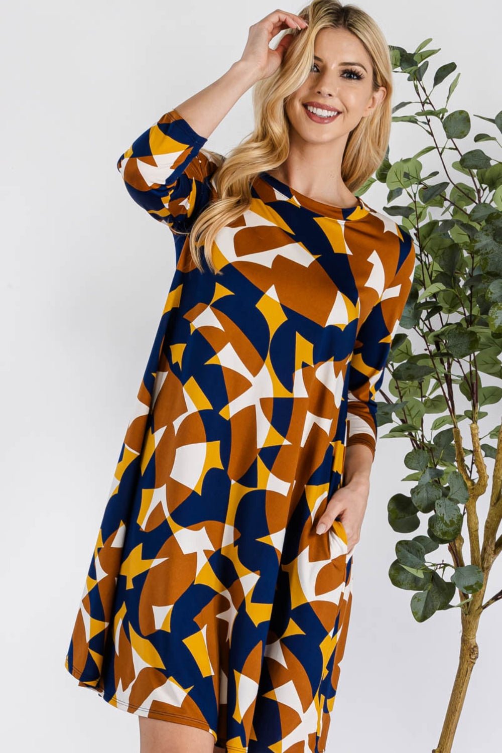 Celeste DesignGeometric Print Mini Dress with Pockets in Navy