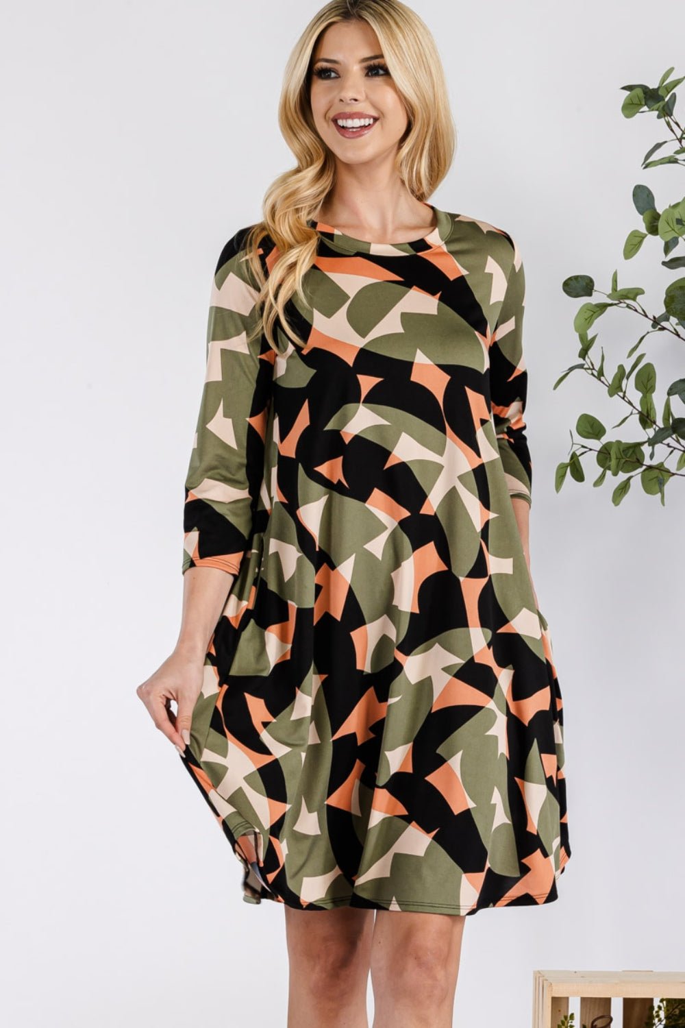 Celeste DesignGeometric Print Mini Dress with Pockets in Olive