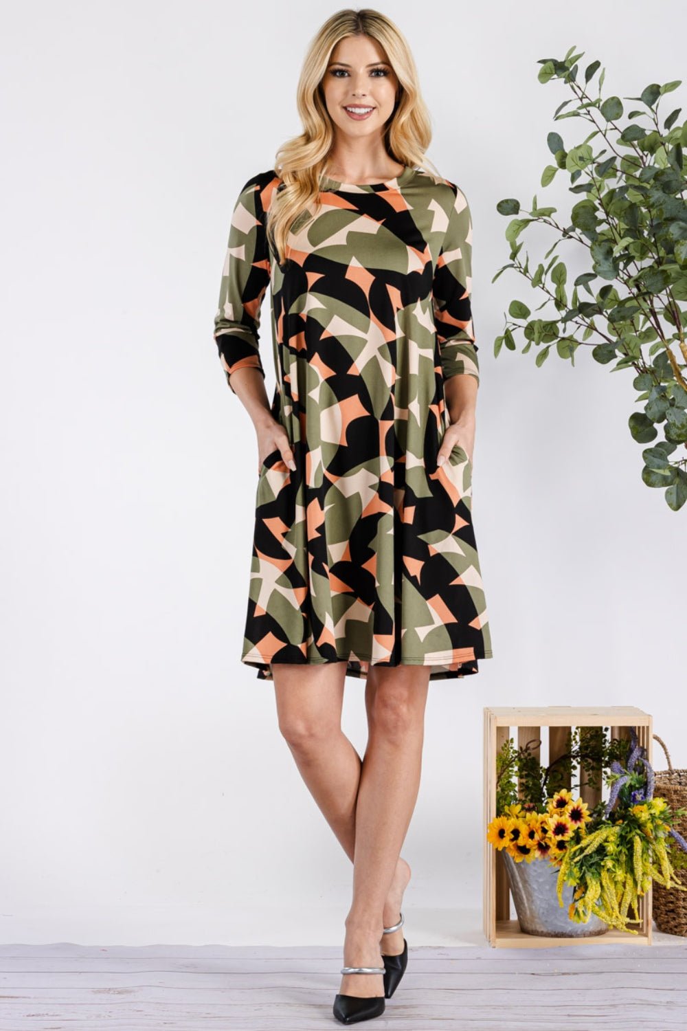 Celeste DesignGeometric Print Mini Dress with Pockets in Olive