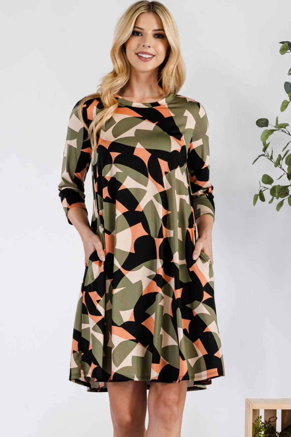 Celeste DesignGeometric Print Mini Dress with Pockets in Olive