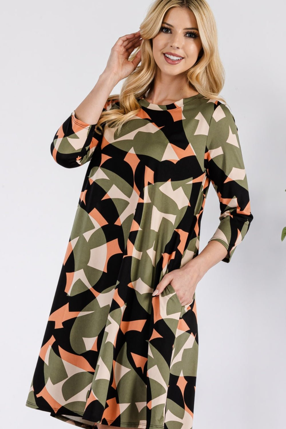 Celeste DesignGeometric Print Mini Dress with Pockets in Olive