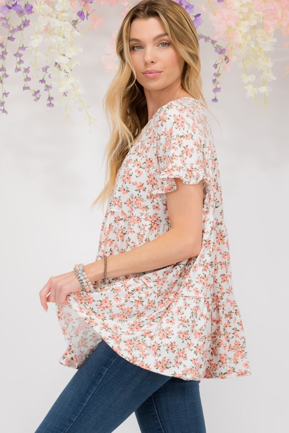 Celeste DesignIvory Floral Ruffled Short Sleeve Blouse