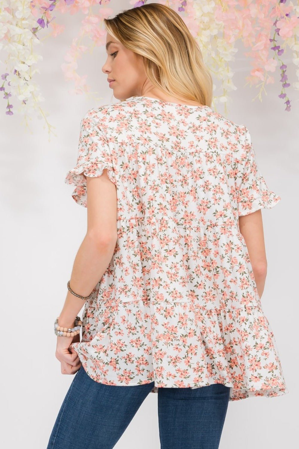 Celeste DesignIvory Floral Ruffled Short Sleeve Blouse