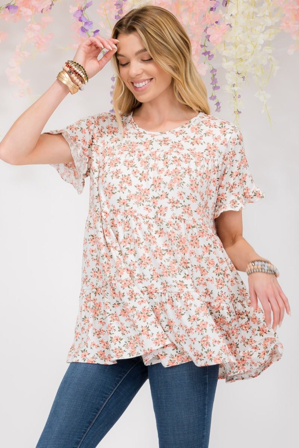 Celeste DesignIvory Floral Ruffled Short Sleeve Blouse