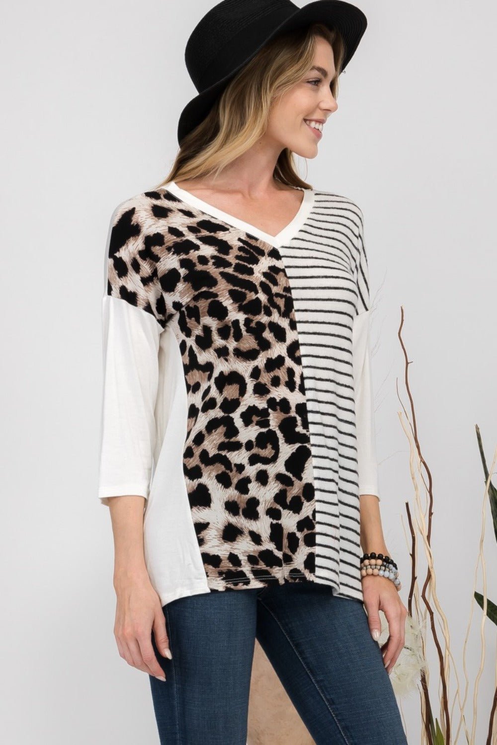 Celeste DesignIvory Leopard Stripes Print V - Neck T - Shirt