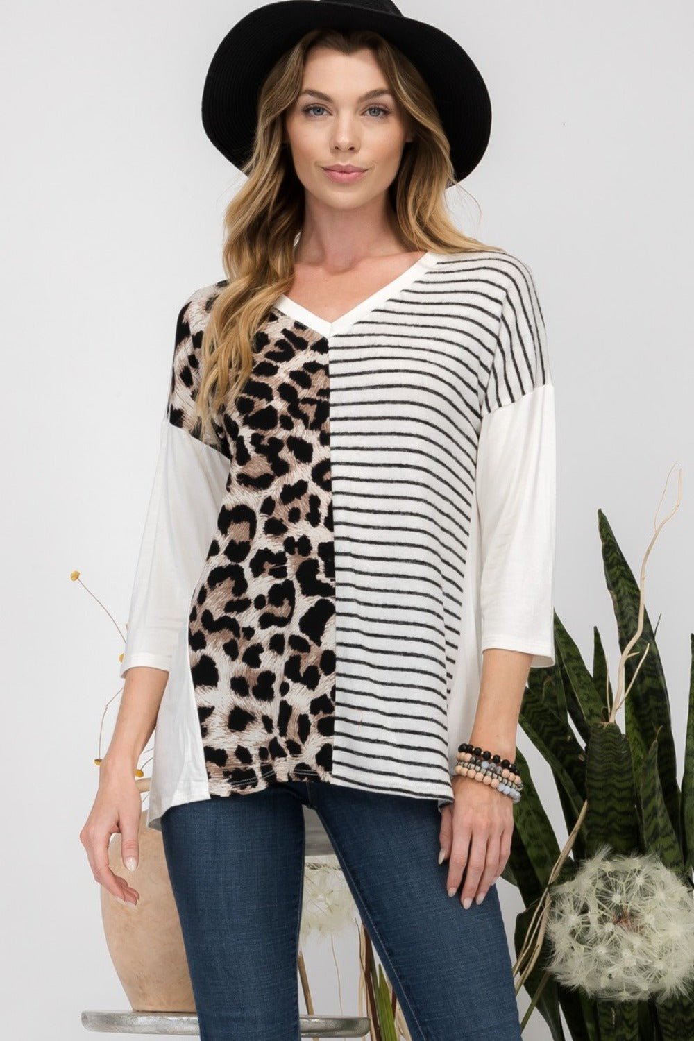 Celeste DesignIvory Leopard Stripes Print V - Neck T - Shirt