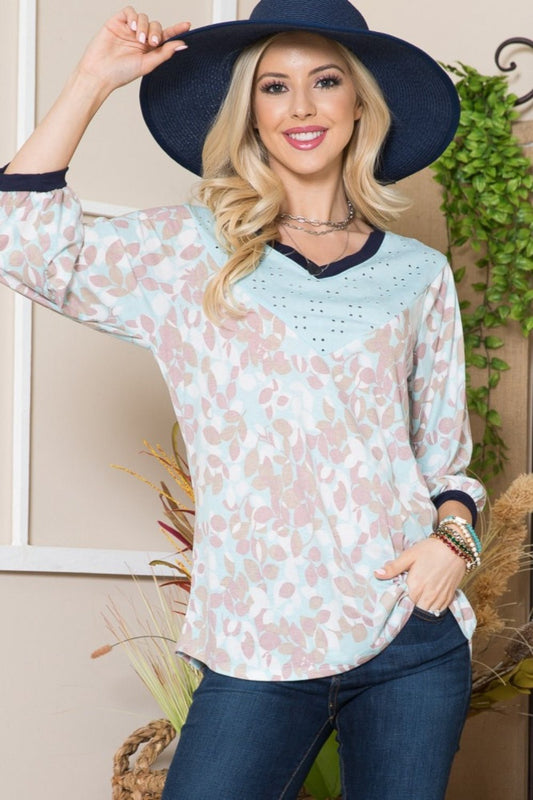 Celeste DesignLeaf Print Contrast Trim Balloon Sleeve Top in Mint Taupe