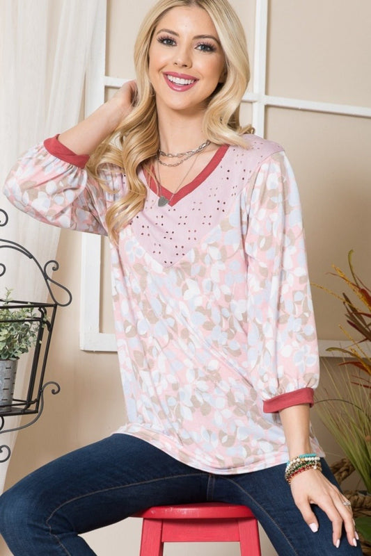 Celeste DesignLeaf Print Contrast Trim Balloon Sleeve Top in Pink Taupe