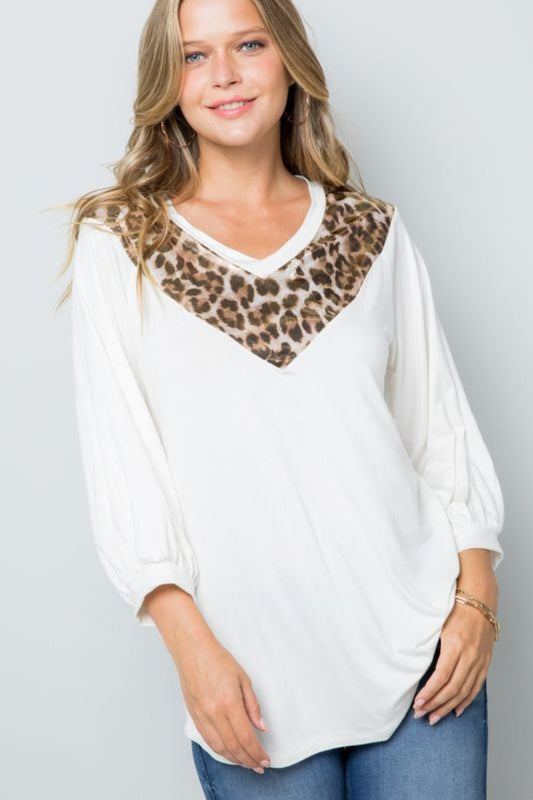 Celeste DesignLeopard Contrast Balloon Sleeve Top in Ivory Gold