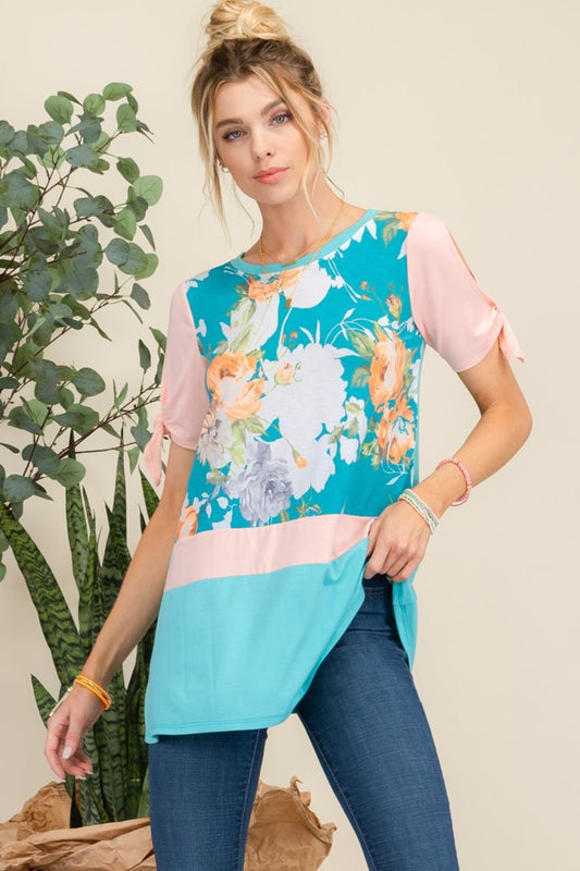 Celeste DesignOpen Tie Sleeve Floral Contrast Top in Mint