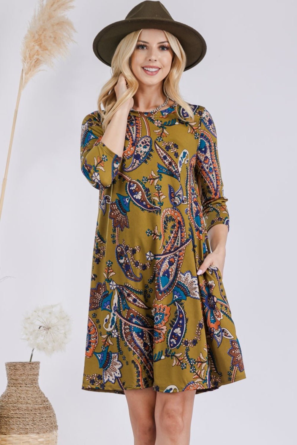 Celeste DesignPaisley Print Mini Neck Dress with Pockets in Olive