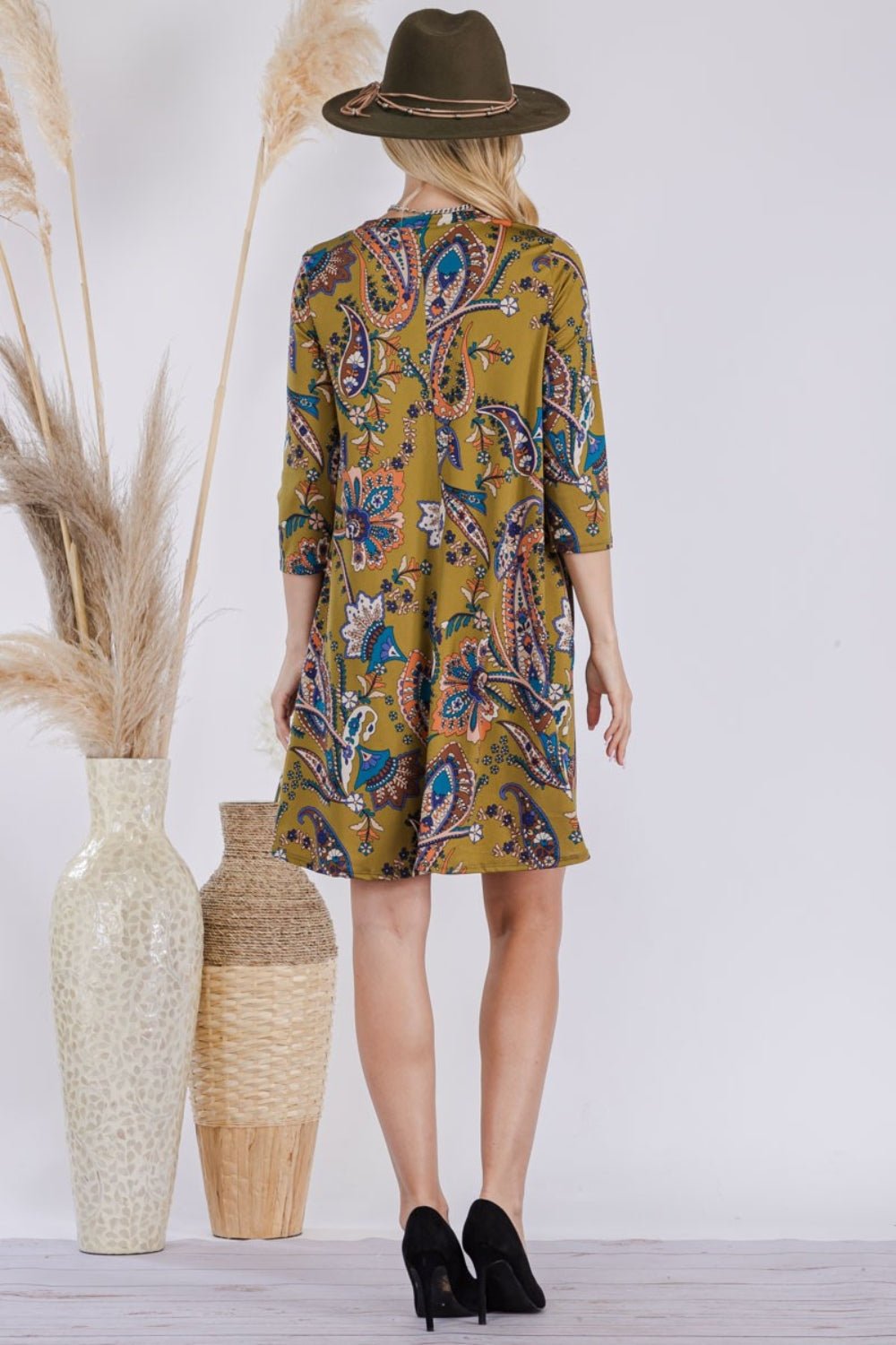 Celeste DesignPaisley Print Mini Neck Dress with Pockets in Olive