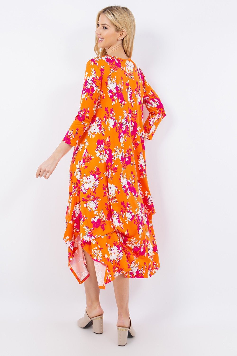 Celeste DesignPick - Up Hem Asymmetric Floral Midi Dress in Orange