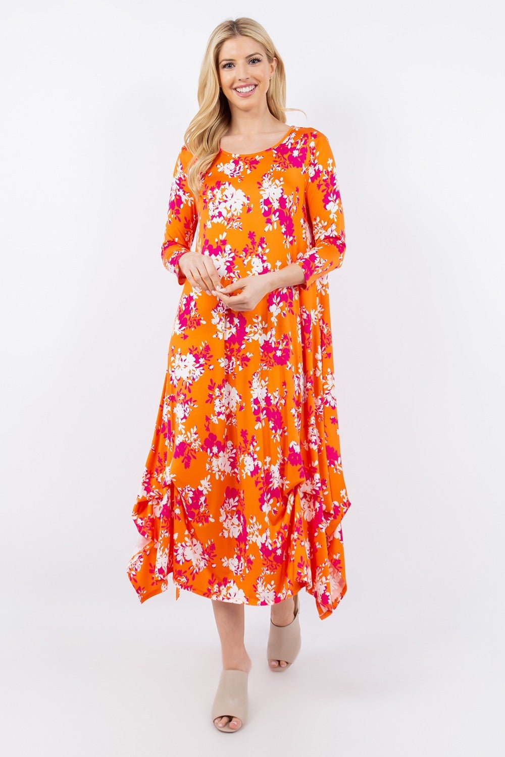 Celeste DesignPick - Up Hem Asymmetric Floral Midi Dress in Orange