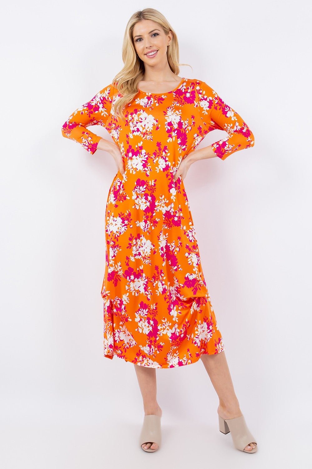 Celeste DesignPick - Up Hem Asymmetric Floral Midi Dress in Orange