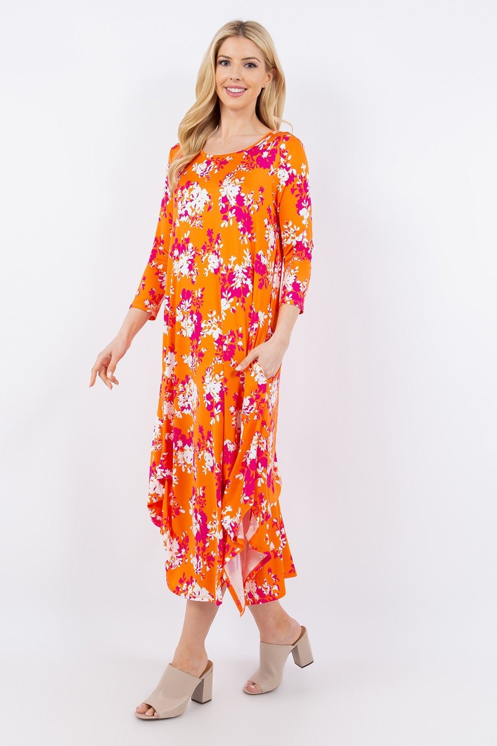 Celeste DesignPick - Up Hem Asymmetric Floral Midi Dress in Orange