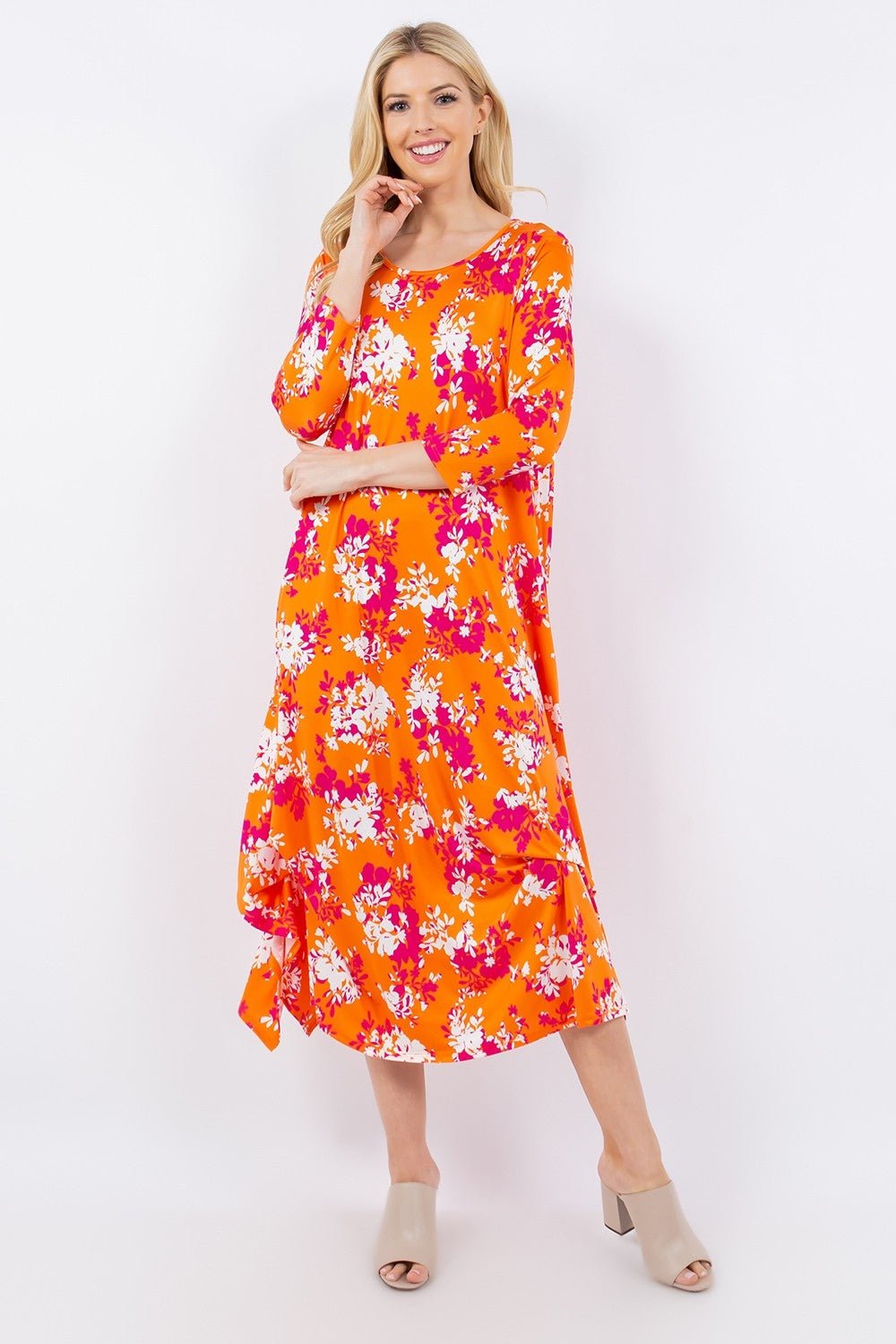 Celeste DesignPick - Up Hem Asymmetric Floral Midi Dress in Orange