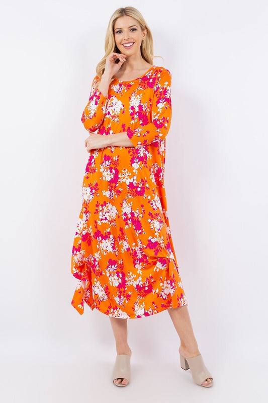 Celeste DesignPick - Up Hem Asymmetric Floral Midi Dress in Orange