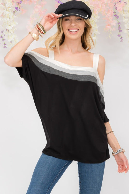 Celeste DesignStriped Cold Shoulder Top in Black Ivory