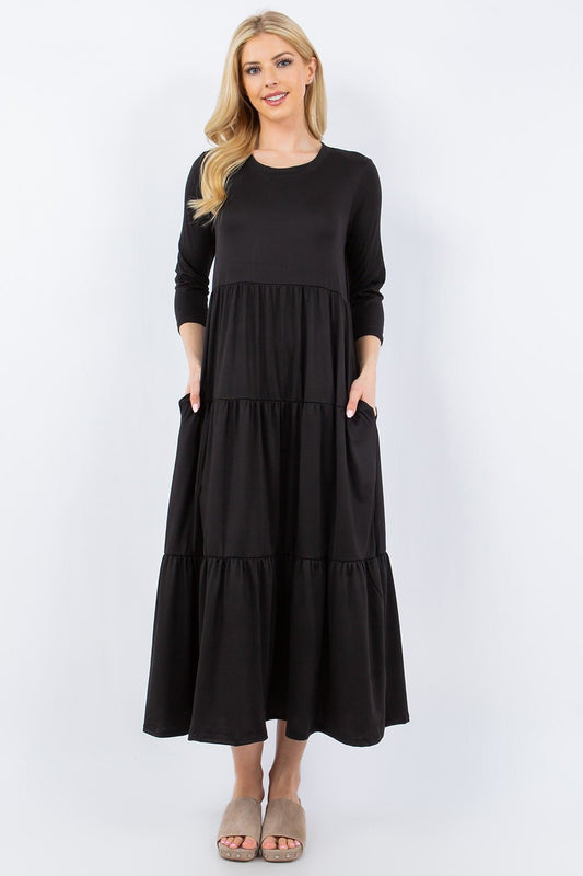 Celeste DesignTiered Midi Dress with Pockets in Black